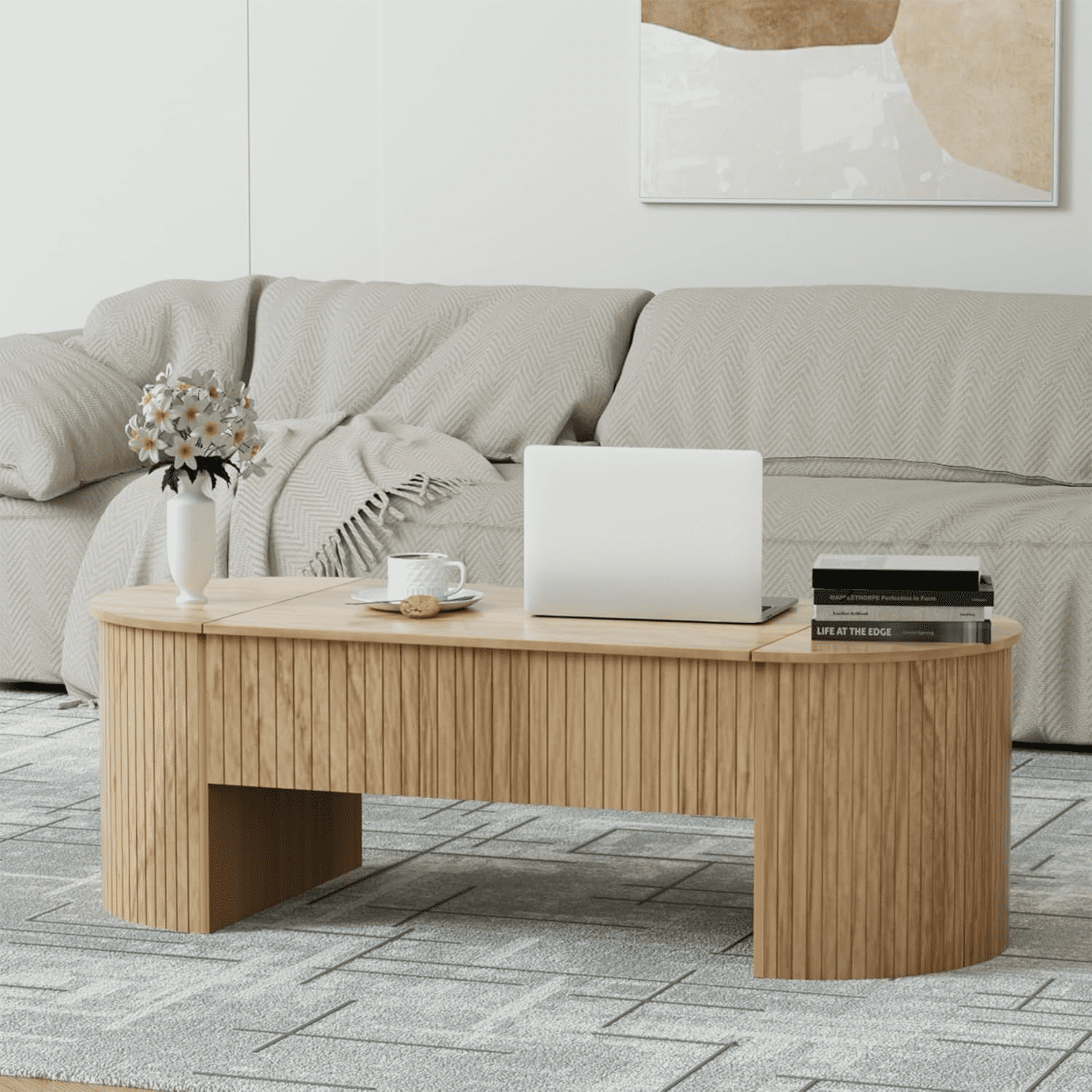 Diubas Oval Lift Top Coffee Table with Hidden Storage, Fluted Coffee Table Center Table for Home Living Room, Natural