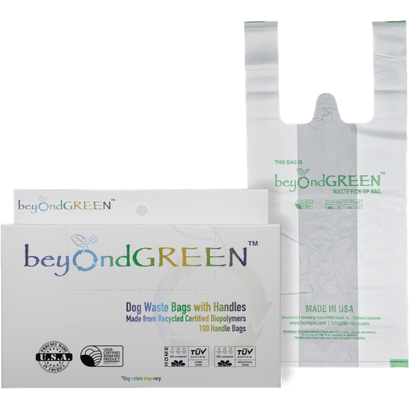 beyondGREEN Plant-Based Dog Poop Waste Bags with Handles – 100 Bags - 8" x 16"