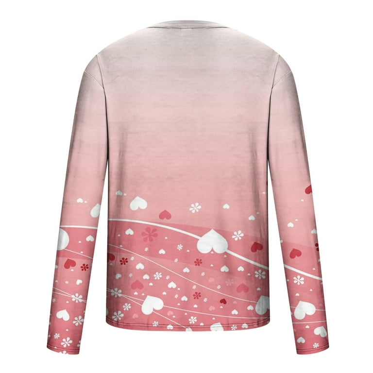 VSSSJ Men's Fashion Valentine Shirts Oversized Fit Heart Print Long Sleeve  Round Neck Pullover Tops Trendy Comfortable Outdoor Graphic Tees Pink XL