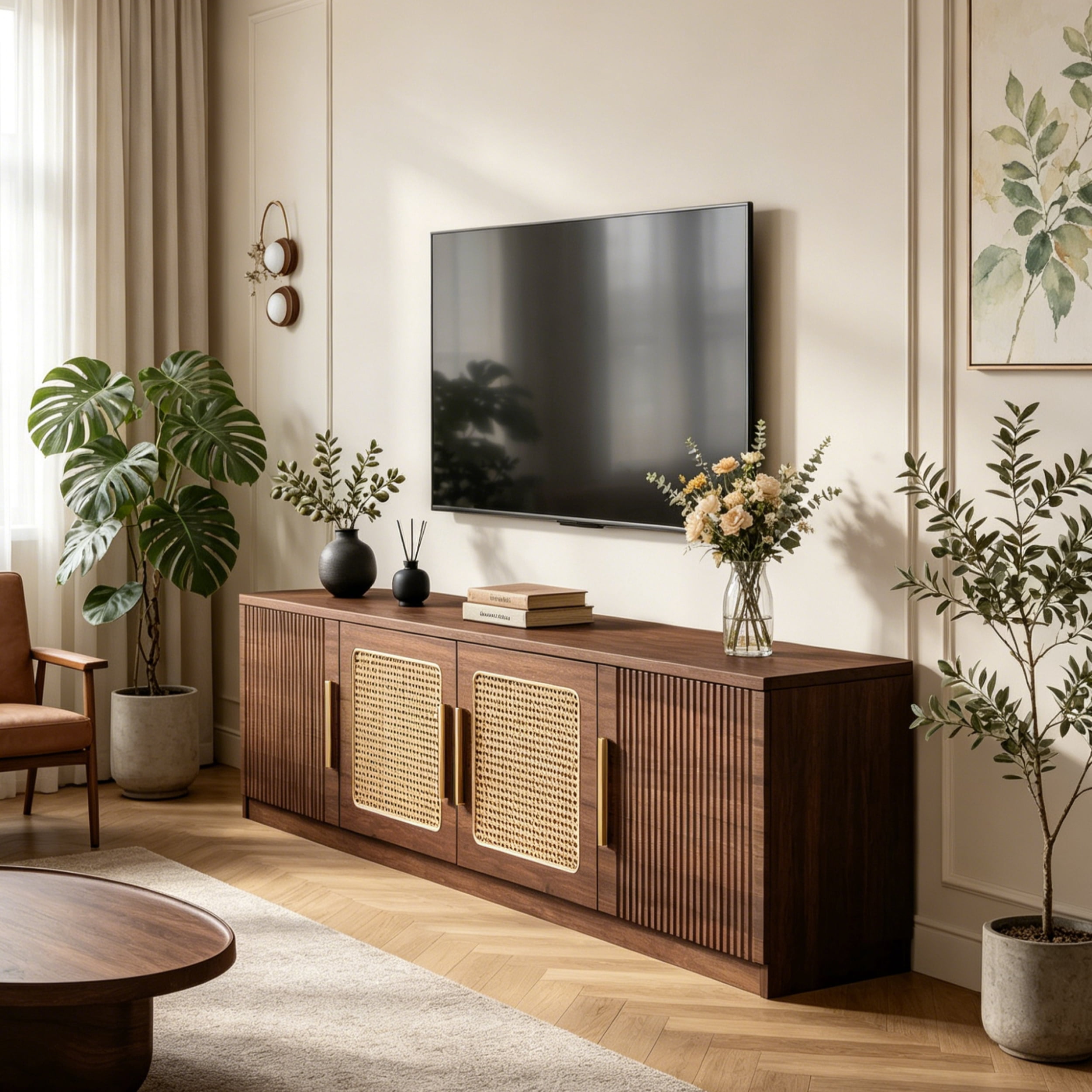 Fnova 70.9" Modern TV Stand with 6-Tier Storage, Wood Rattan Media Console for TVs Up to 80 Inches, Living Room Entertainment Center, Large TV Cabinet with Shelves for Bedroom/Entryway