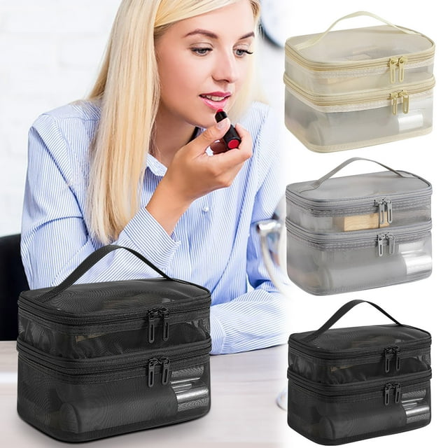 Sentmoon Travel Makeup Bag Mens Travel Bag Toiletry Double-layer Mesh Makeup Bag Travel Portable Toiletries Bag Large Capacity Cosmetic Storage Bag Makeup Brushes Storage Bag