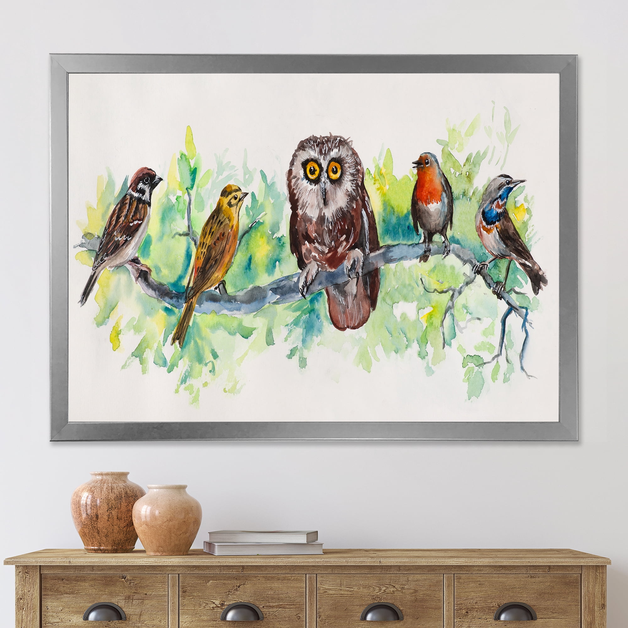 Designart 'Bird Friends With Owl On A Branch' Traditional Framed Art Print