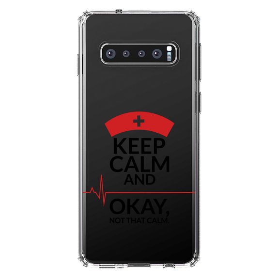 DistinctInk Clear Shockproof Hybrid Case for Samsung Galaxy S10 (6.1" Screen) - TPU Bumper Acrylic Back Tempered Glass Screen Protector - Keep Calm, Not That Calm - Nurse Flatline
