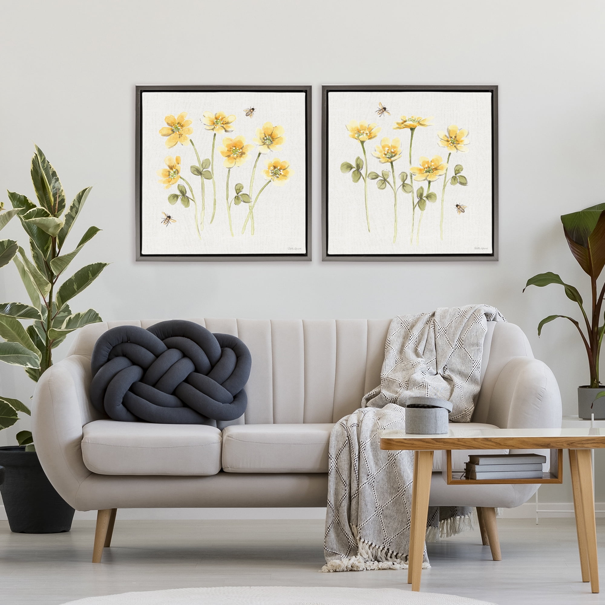 Stupell Industries Sweet Honey Flowers & Bees 2 Piece Gray Framed Floater Canvas Set, design by Beth Grove