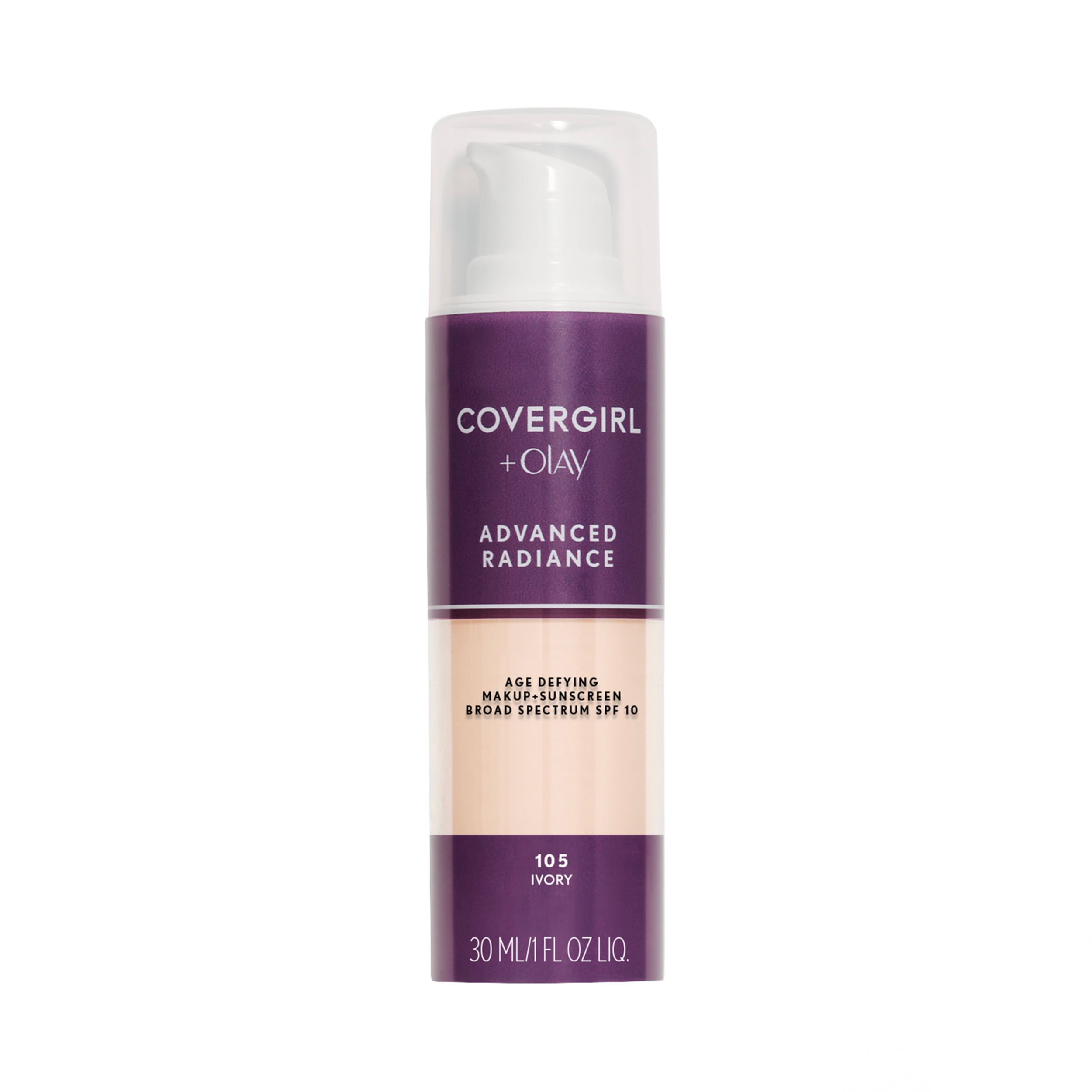 COVERGIRL Advanced Radiance Age-Defying Liquid Foundation, 105 Ivory, 1.0 fl oz, Anti-Aging Foundation, Foundation for Wrinkles, Cruelty-Free Foundation, Age-Defying Formula, Buildable Coverage