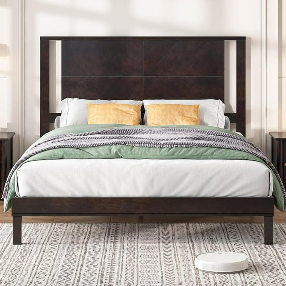 LUXOAK Solid Wood Queen Size Bed Frame with Easy Assembly & Storage Space, Dark Brown