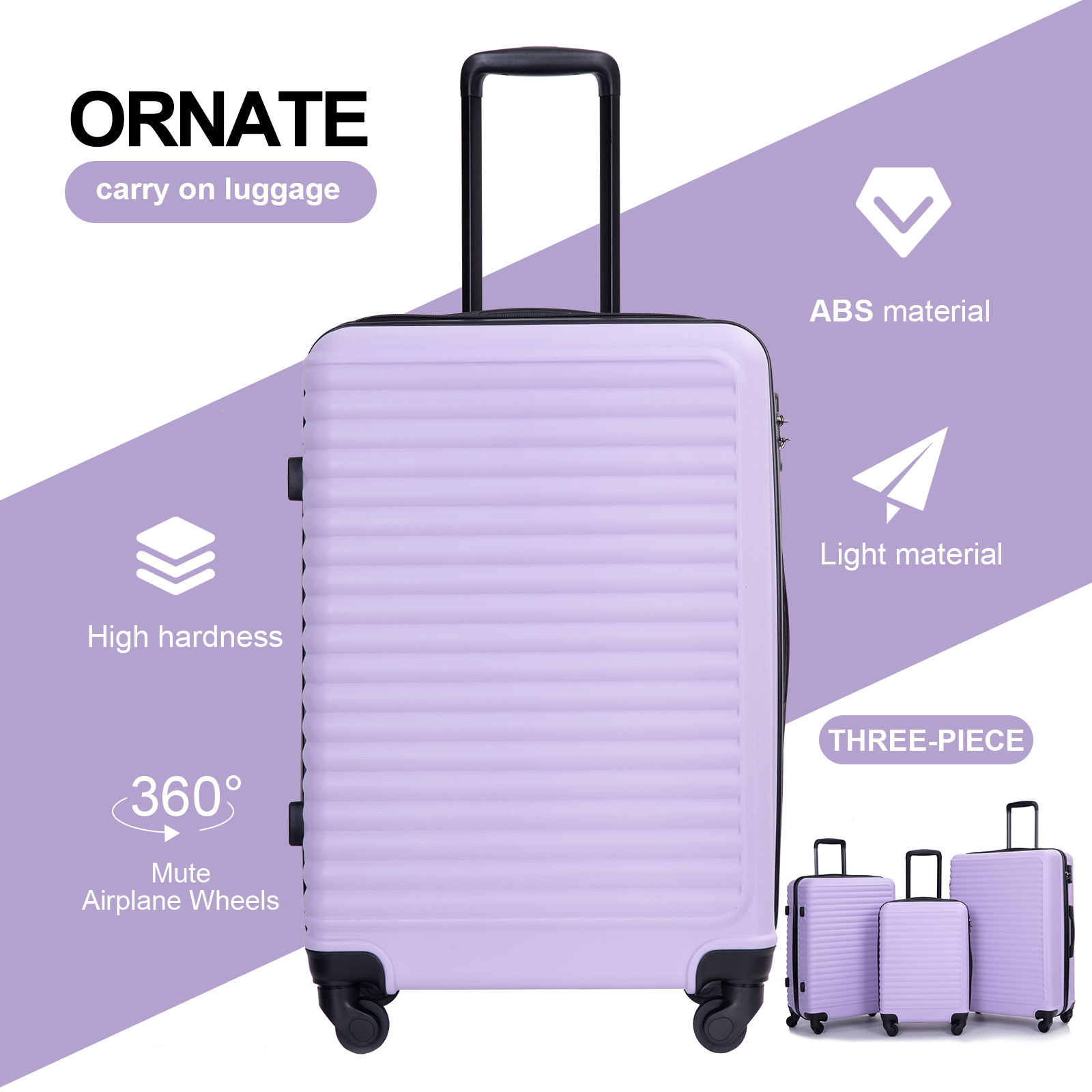 Travelhouse 3 Piece Hardside Luggage Set Hardshell Lightweight Suitcase with TSA Lock Spinner Wheels 20in24in28in.(Light Purple) - image 2 of 8