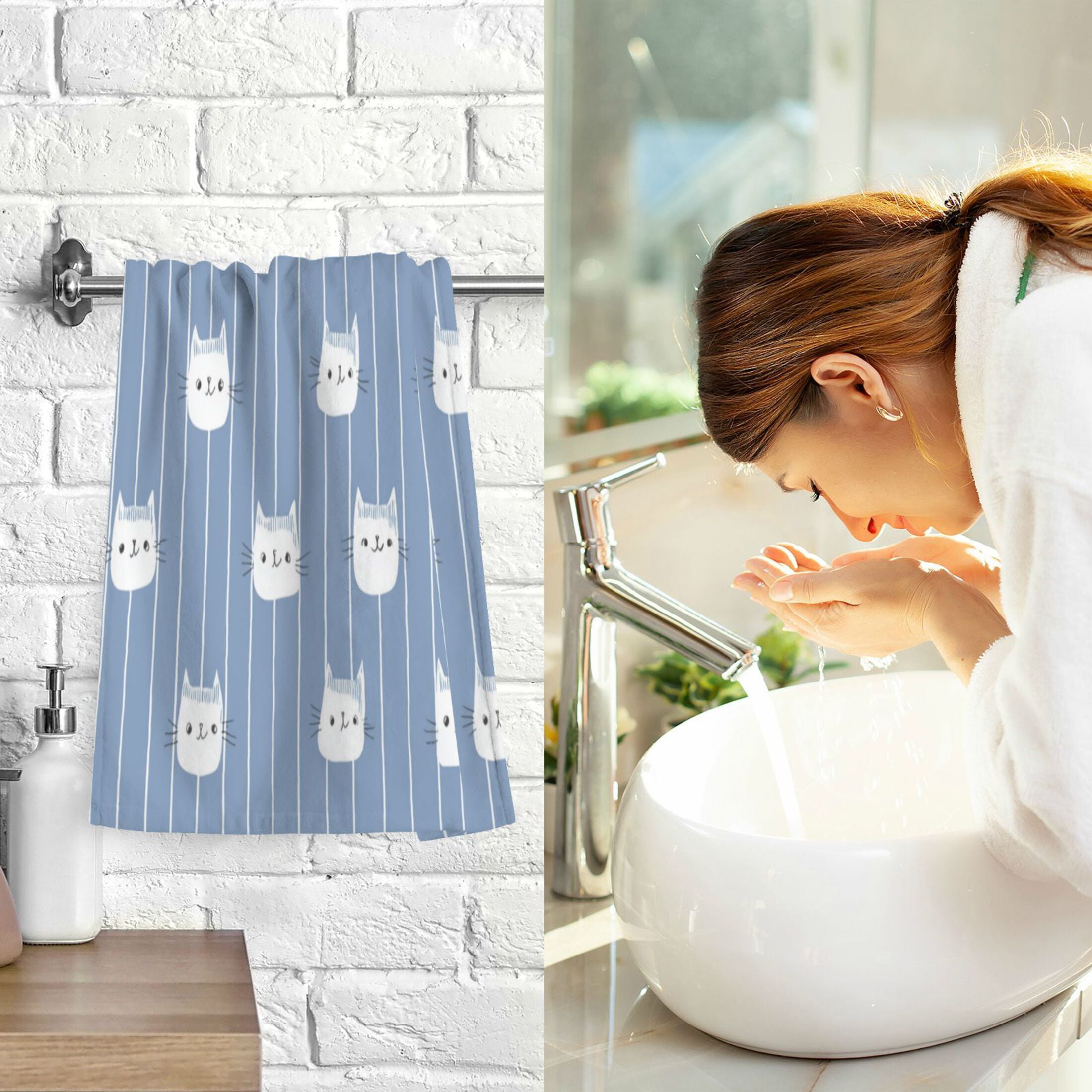 2 Pack 100% Cotton Towels Soft Absorbent Towel Set for Bathroom Beach Sports 16x28in White Cat Face Pattern