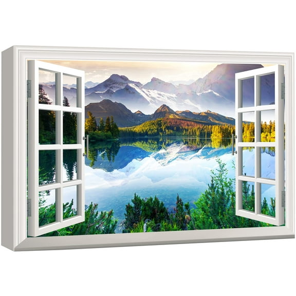 wall26 Canvas Print Wall Art Window View Landscape Serene Mountain Lake Nature Wilderness Photography Modern Art Rustic Scenic Colorful Multicolor for Living Room, Bedroom, Office - 32"x48"