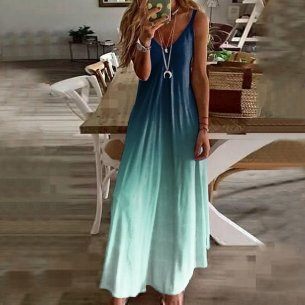 WILLBEST Vestidos Casuales para Mujer Verano Vestidos Maxi para Mujer Verano sin Mangas Bohemio Casual Cuello En V Vestidos Largos Vestido de Playa para Vacaciones Chica