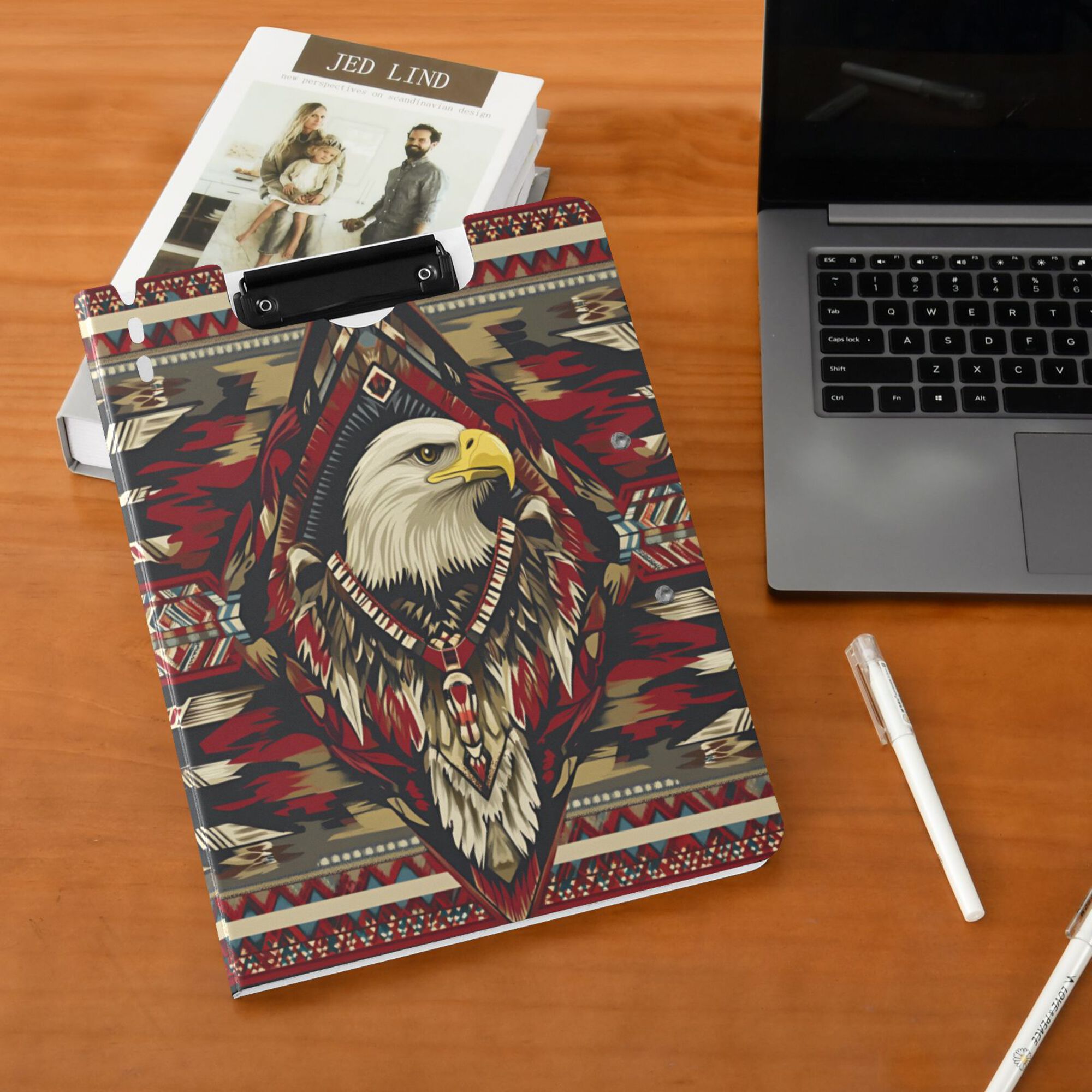 FORMRS A4 Clipboard Folder with Pen Holder Horizontal Foldable School Office Binder, Red Abstract Eagle