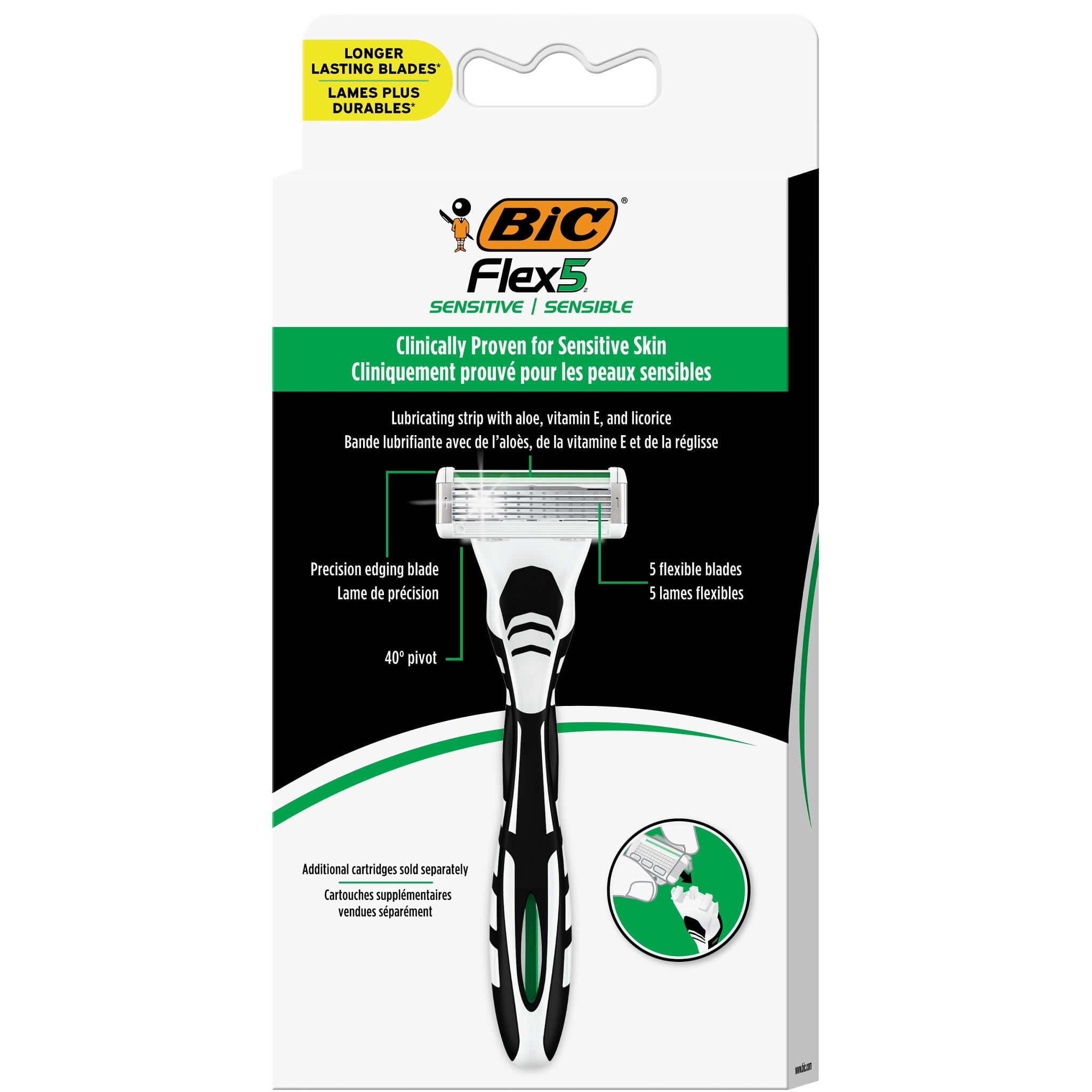 BIC Flex 5 Sensitive Refillable Razor with 1 Handle and 7 Men's Razor Cartridges