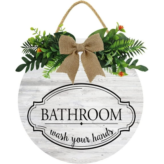 Eveokoki 12" Bathroom Wash Your Hands Front Door Sign Funny Wreaths Hanging Wooden Plaque Decoration Round Rustic Wood Farmhouse Porch Decor for Home Front Door Decor