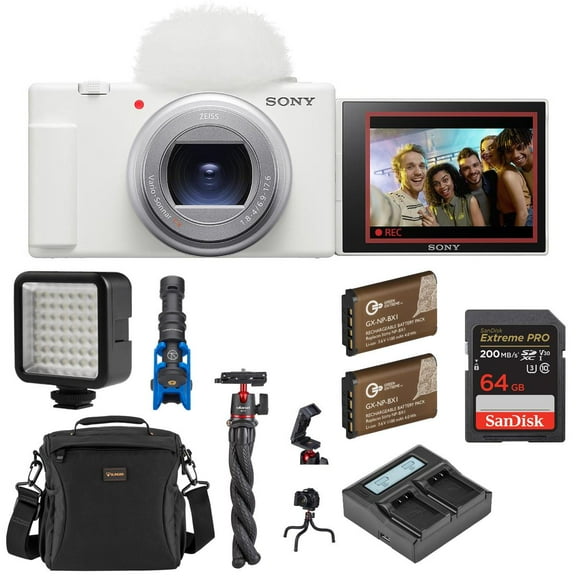 Sony ZV-1 II Vlog Camera for Content Creators and Vloggers, Bundle 2x Extra Battery, Dual Charger, 64GB SD Card, Camera Bag, Octopus Tripod, Shotgun Microphone, LED Light