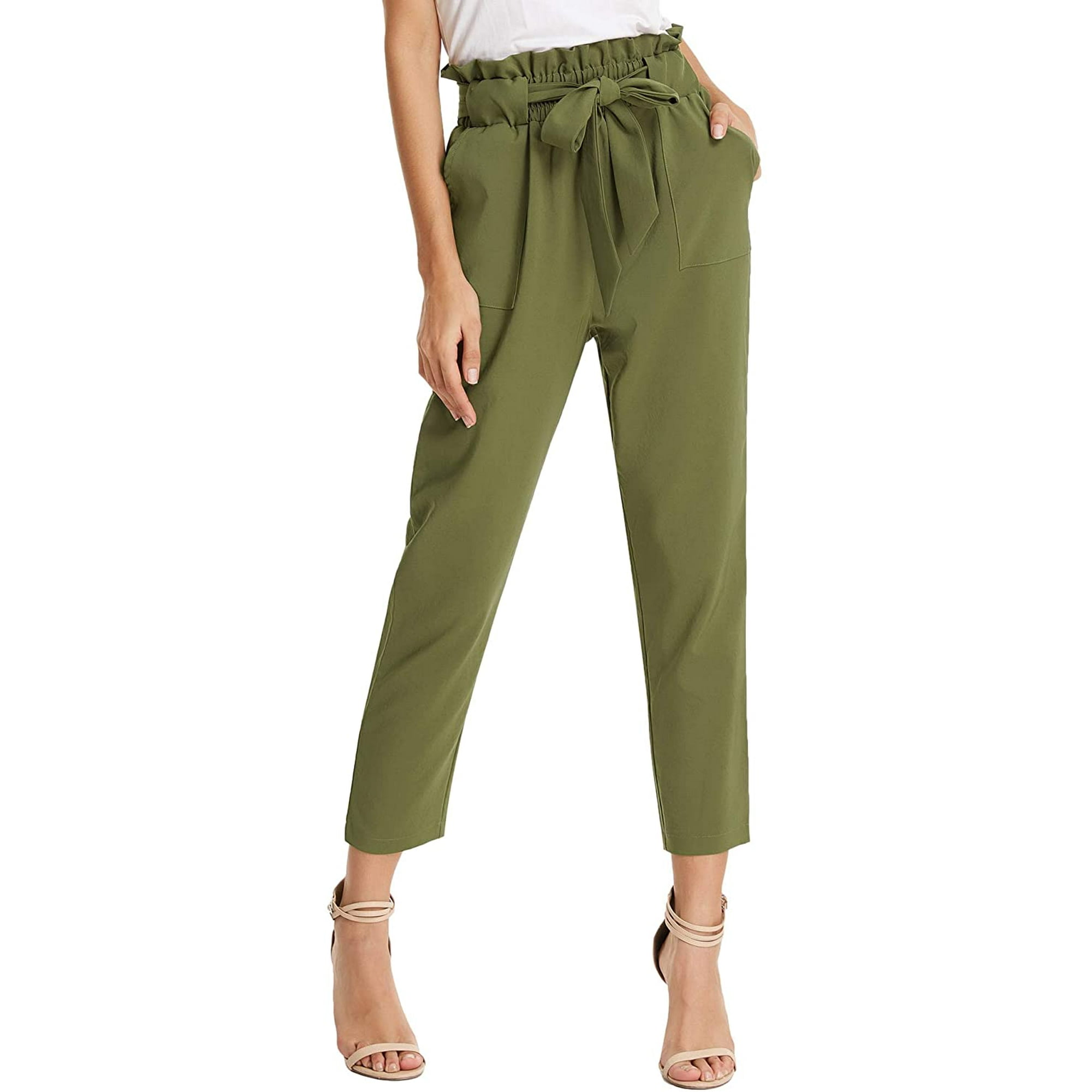 Women Paper Bag Pants High Waist with Pockets Tie Casual Cropped