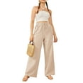 thumbnail image 2 of Women's Pants Casual Elastic High Waisted Wide Leg Pants Beige M Palazzo Pants with Pockets, 2 of 5
