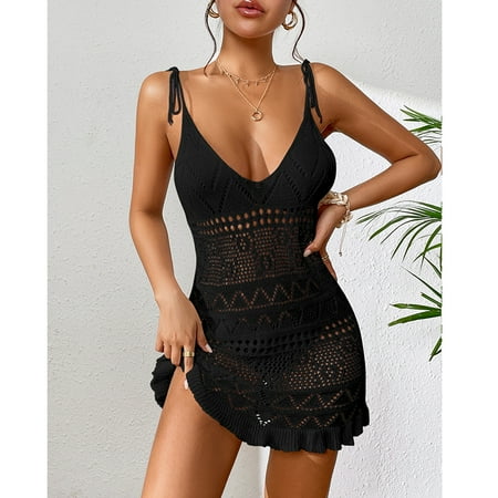 Halter Sleeveless Solid Color Dress Women Summer Vacation Knitted Bikini Cover Up Backless Stylish Beach Dresses