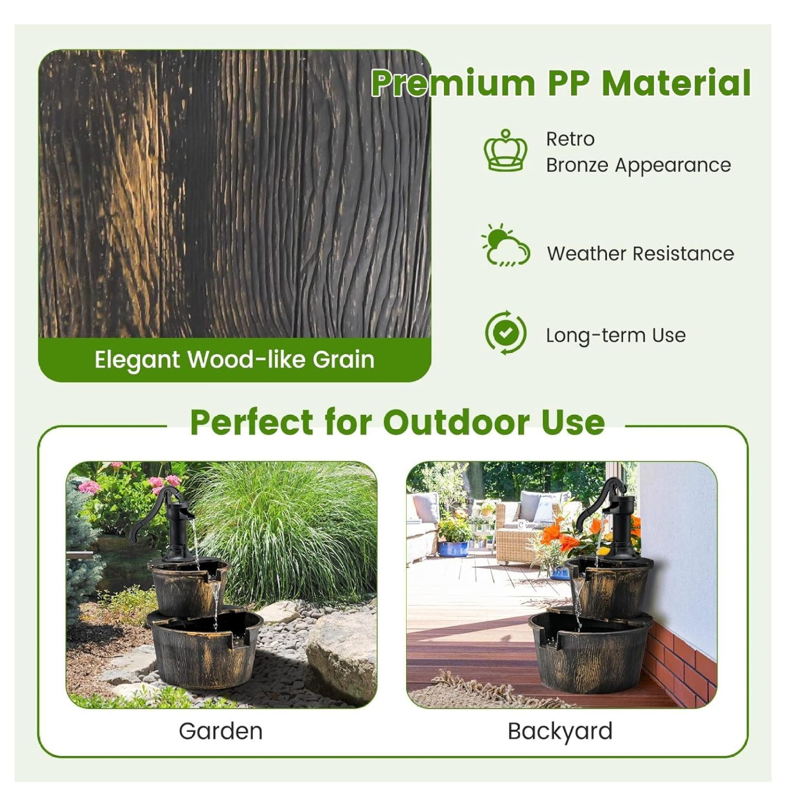 Water Fountain Outdoor, 2-Tier Water Feature Decor with Electric Pump, Freestanding Cascading Waterfall Fountain for Garden Patio Backyard Decor or Porch