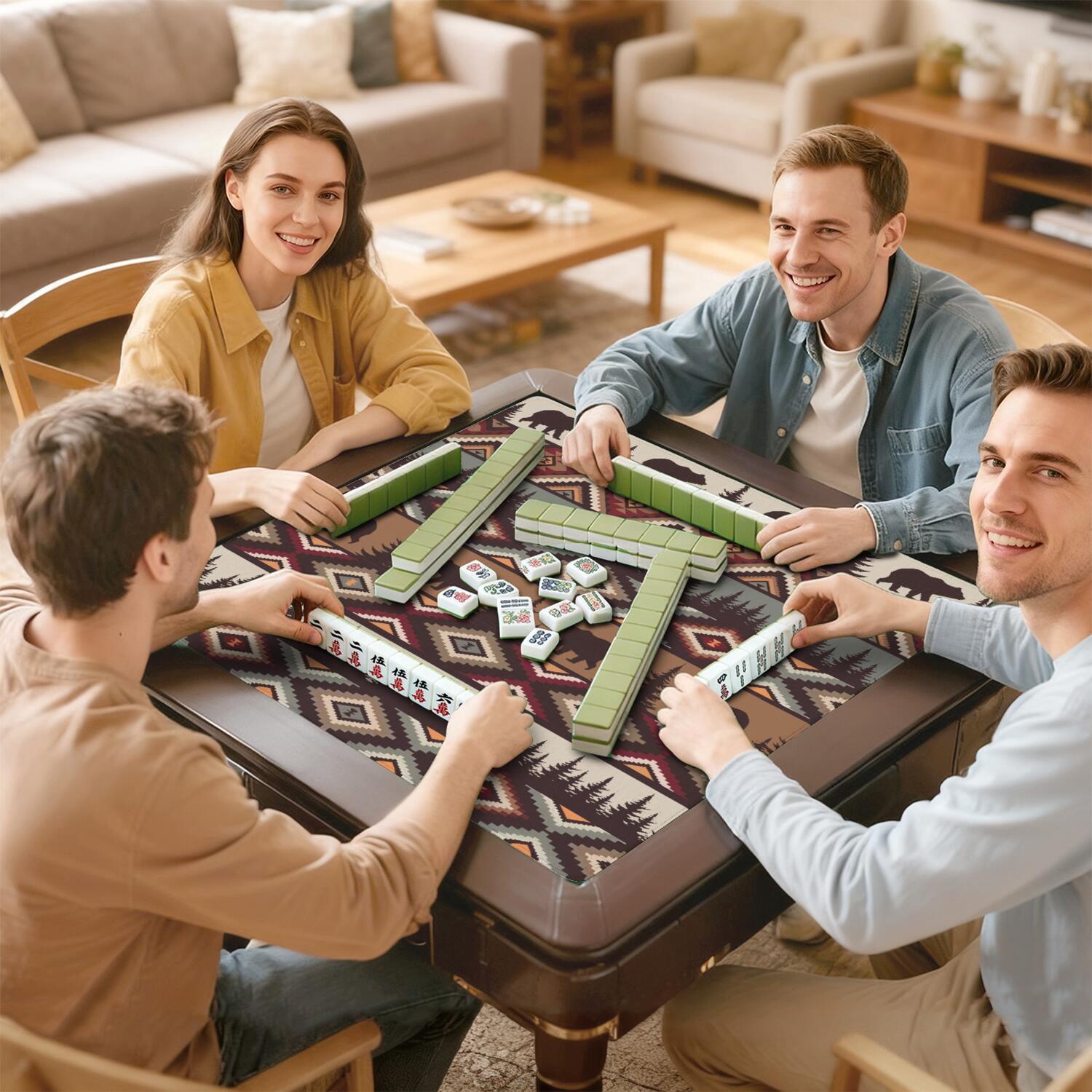 Decorative Boho Print Non-Slip Table Mat for Mahjong 31.5 Inch Square Rubber Surface Reduces Tile Noise for Card Games Board Games and Game Nights