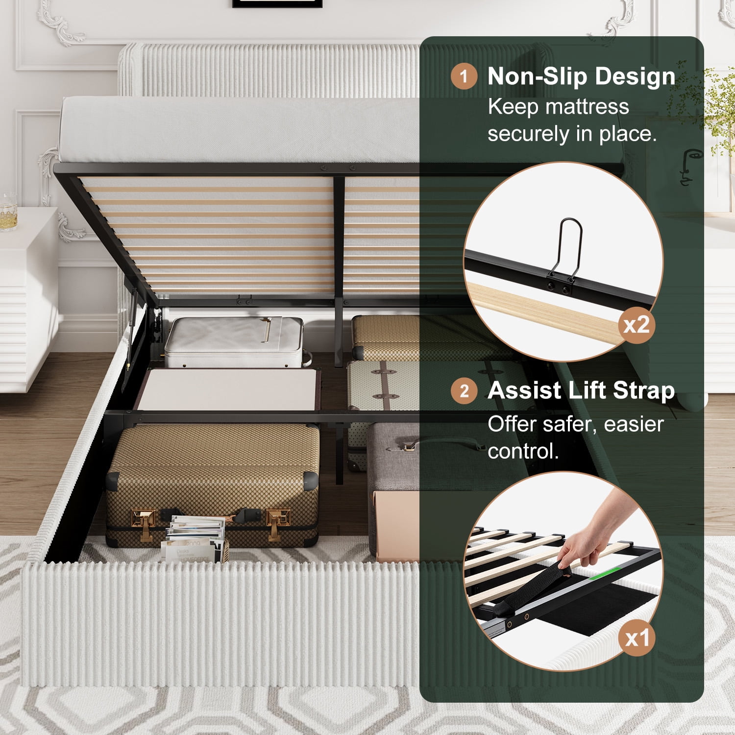 Amolife Full size Hydraulic Lift Storage Bed Frame with Wingback Headboard, Corduroy Upholstery, White