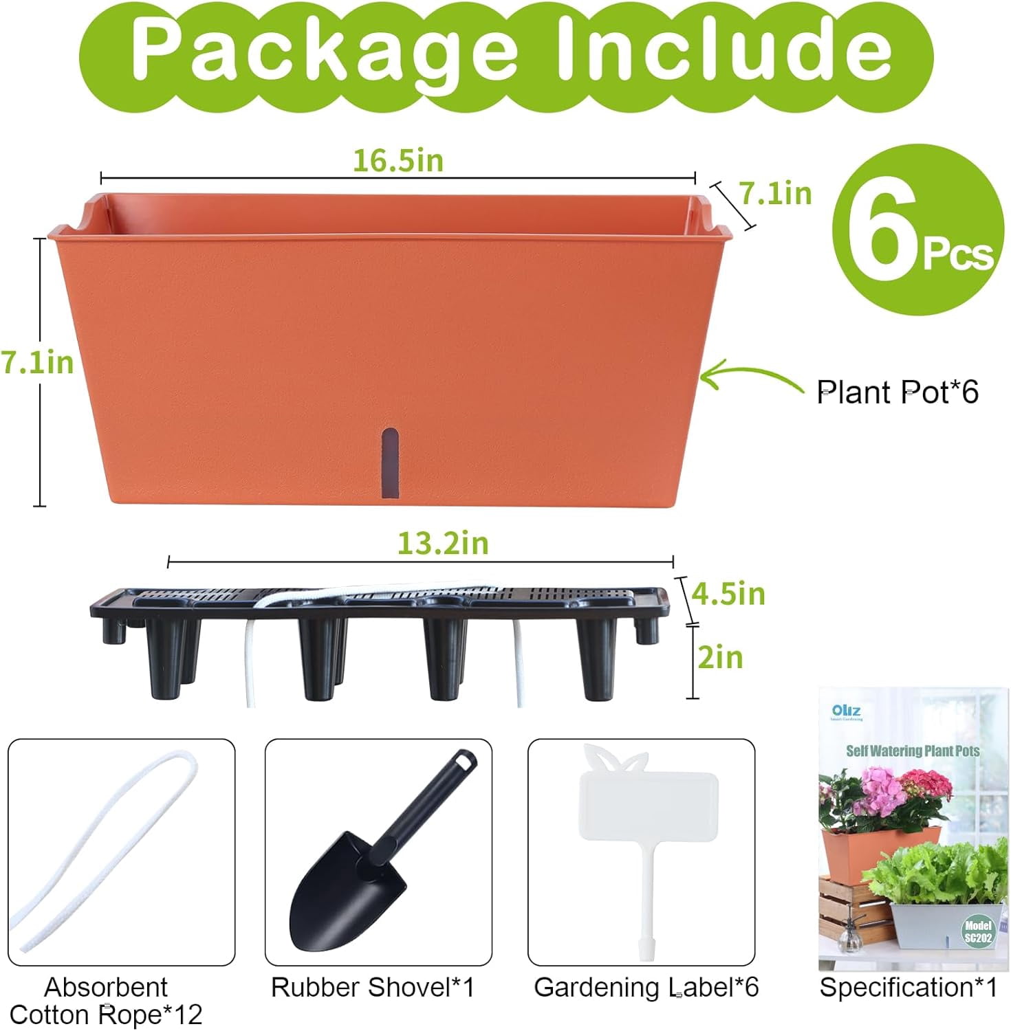 Window Box Planter 6 Pcs, 16.5 Inches Self Watering Rectangle Flower Plant Pots with Drainage Holes Trays, Vegetable Planters for Windowsill Patio Garden Balcony Porch Yard (Khaki)