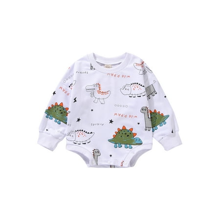 

Binpure Baby Boy Long Sleeve Romper with Cartoon Dinosaur Letter Print Crew Neck Casual Style Spring Clothing