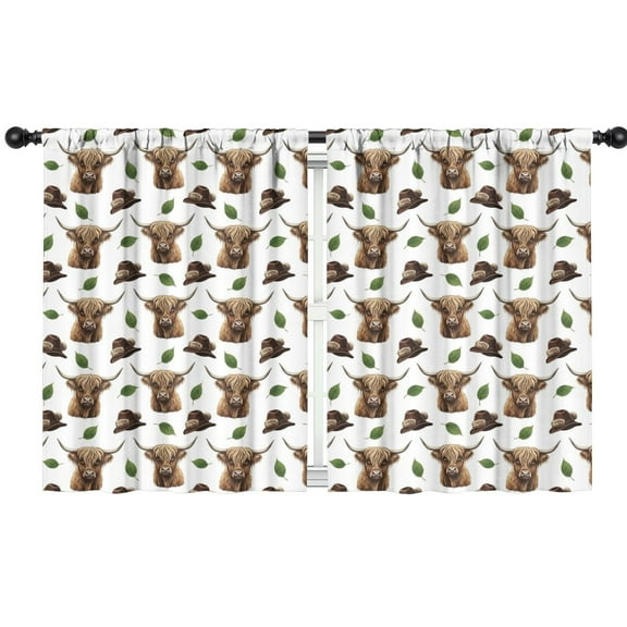 Blackout Kids Curtains,White Highland Cow Hat Leaf Pattern Childrens Insulated Curtains Set Of 2,Bedroom Essentials,Toddler Room Decor 42"x54"