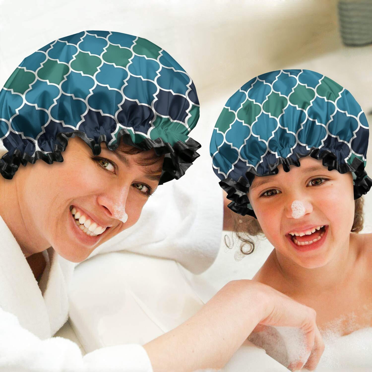 Shower Caps,Blue Green Checkered Pattern Waterproof Shower Cap for Women 4 Pieces,Double Reusable Hair Cover for Shower PEVA Elastic Stretch Hem