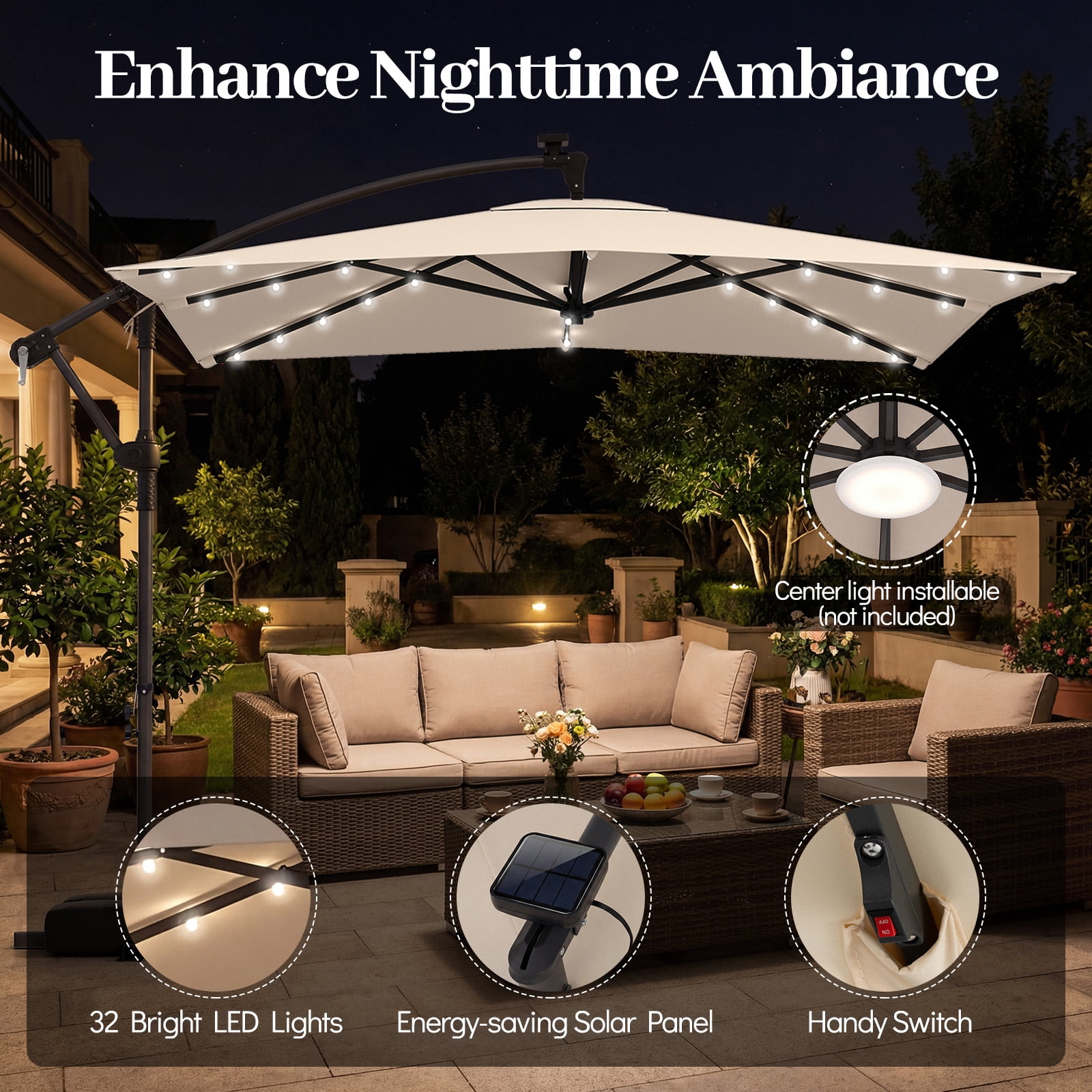 Costway 8 x 8 FT Solar LED Offset Cantilever Patio Umbrella, Square Hanging Outdoor Beige