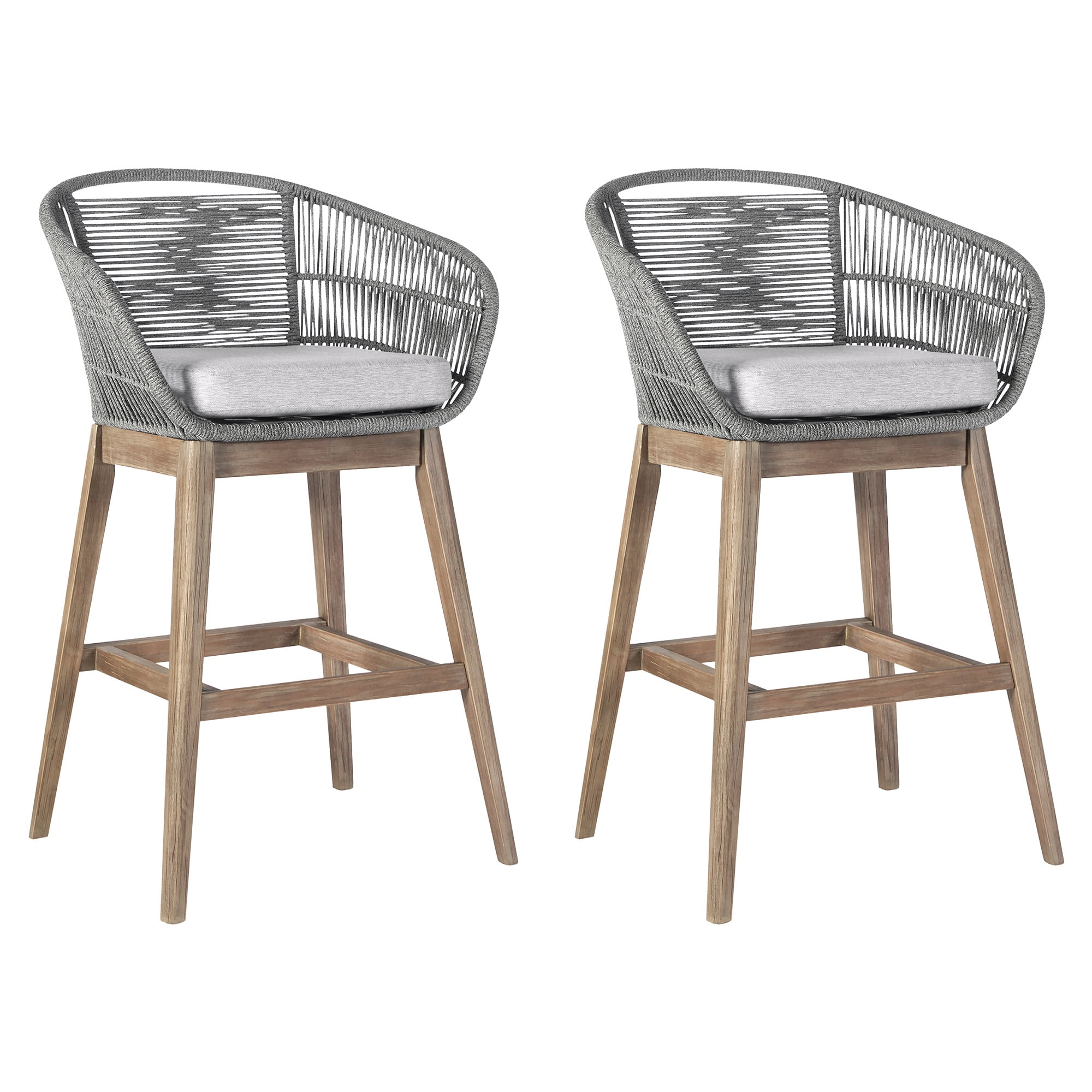 Tutti Frutti Indoor Outdoor Bar Height Bar Stool in Light Eucalyptus Wood with Gray Rope - Set of 2