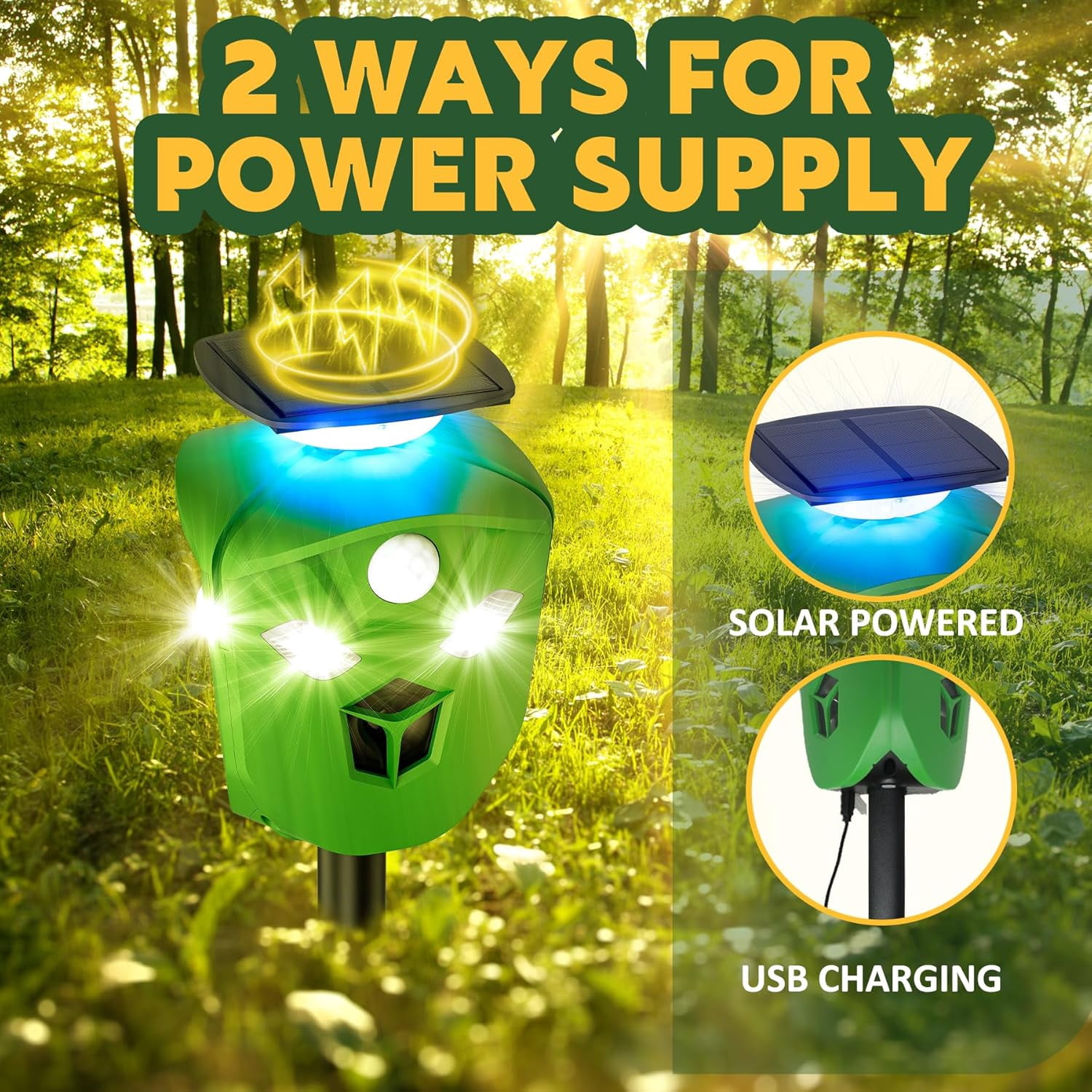 Ultrasonic Solar Powered Deer Repellent Device with PIR Motion Sensor and Strobe Lights 360° Cat Repellent Outdoor Equipped with Dual Charging Methods Outdoor Protection for Gardens, Yards, and Farms