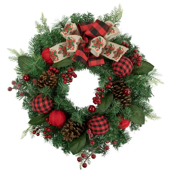 Northlight Green Pine Artificial Christmas Wreath with Bows and Plaid Ornaments 24-Inch Unlit
