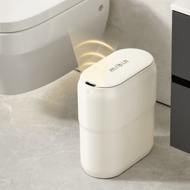 Slim Motion Sensor Trash Can for Bathroom, Automatic Compact Touchless Garbage Bin with Lid, 2.4 Gallon Small Electric Waste Basket for Narrow Apartment Dorm Office, Kitchen, Bedroom, Cream White