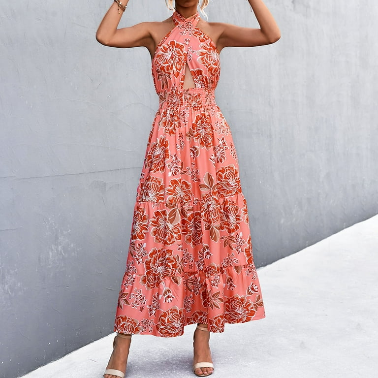 Floral print pleated backless slip maxi dress cheap