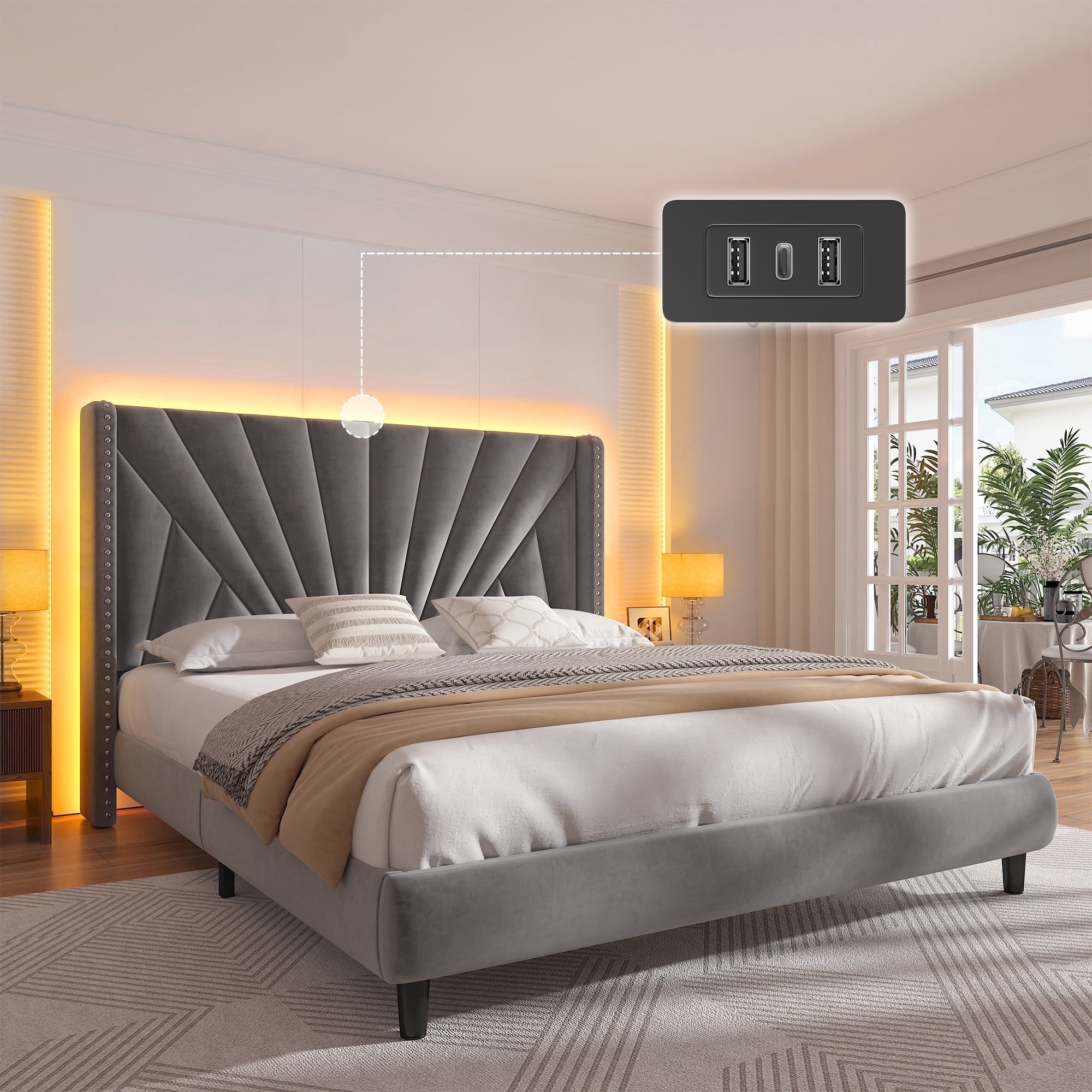 EnHomee Queen Bed Frame with 51"Tall Headboard Upholstered Bed Frame Queen Size with LED Lights & Charge Station, Gray, No Box Spring Needed, Noise Free