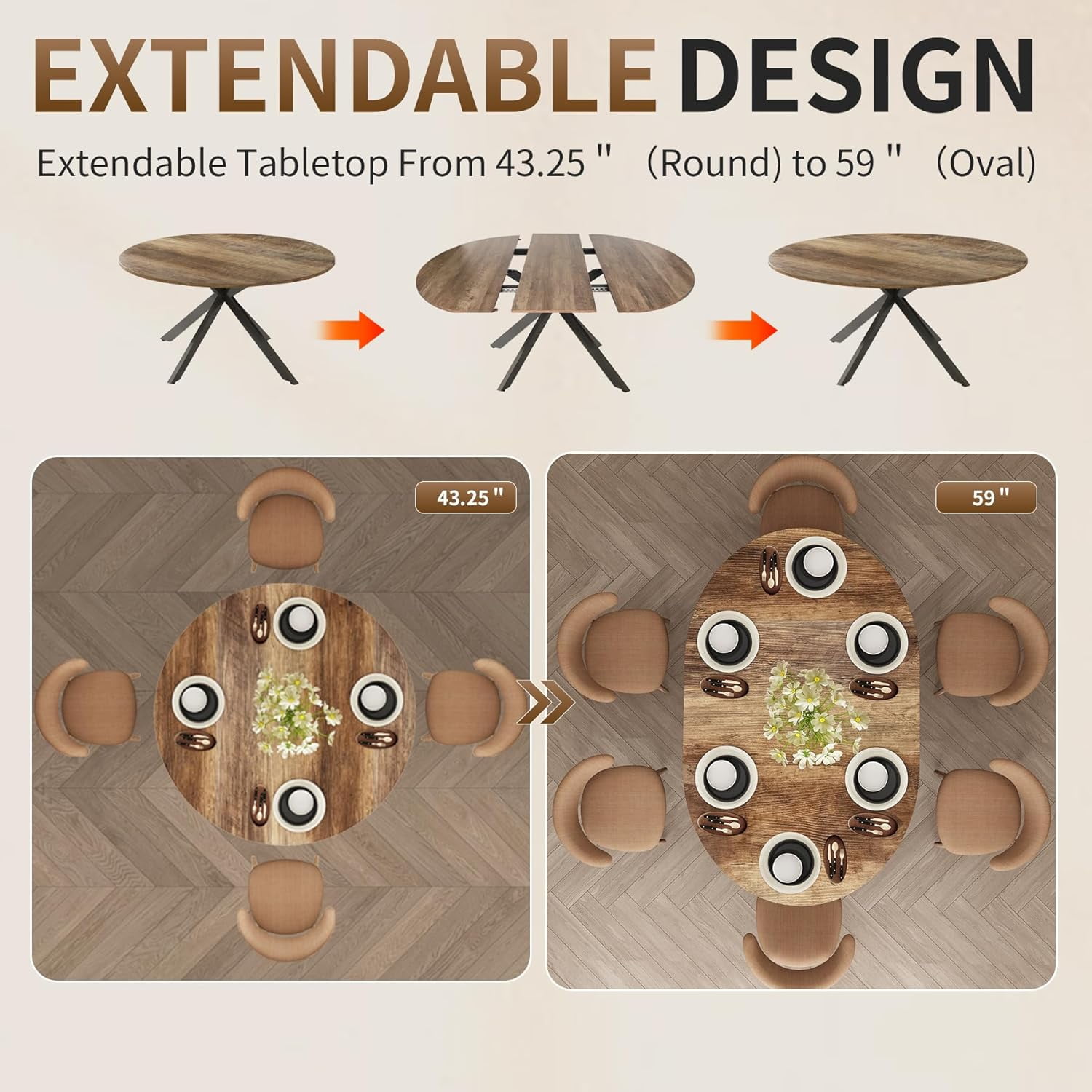 59-inch Extendable Round Dining Table for 4-6 People,  Large Oval Wood Top Kitchen Dinner Tables for Dining Room, Black Brown