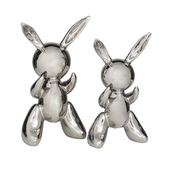 12", 11"H Silver Porcelain Abstract Balloon Rabbit Sculpture, by DecMode (2 Count)