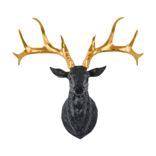 Escultura de pared de asta de ciervo, estatua de cabeza de animal, escultura de cabeza de ciervo de resina para ángulo de oro negro
