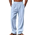 thumbnail image 2 of Oversized Linen Trendy Elastic High Waist Straight Pants for Men Summer Casual Drawstring Beach Vacation Pant Blue 3XL, 2 of 4
