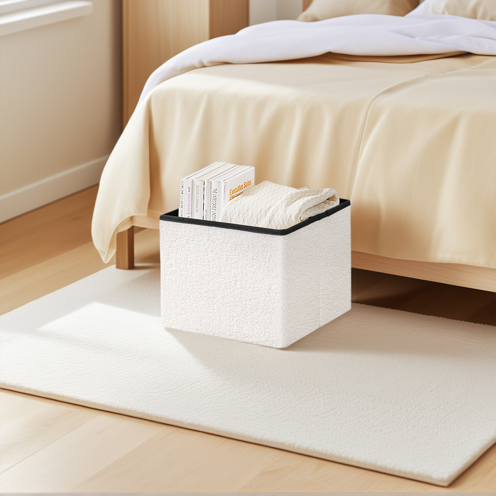 PINPLUS 16.5" Folding Storage Ottoman, White Sherpa photo 3