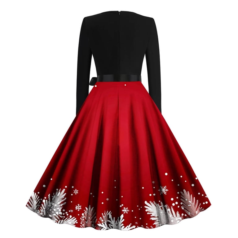 christmas cocktail dresses for over 50s Turilly Women's Cocktail Dresses Christmas Print Long Sleeve Crew Neck 50s Dresses Fit and Flare A-Line Dresses with Bow, Size: Large