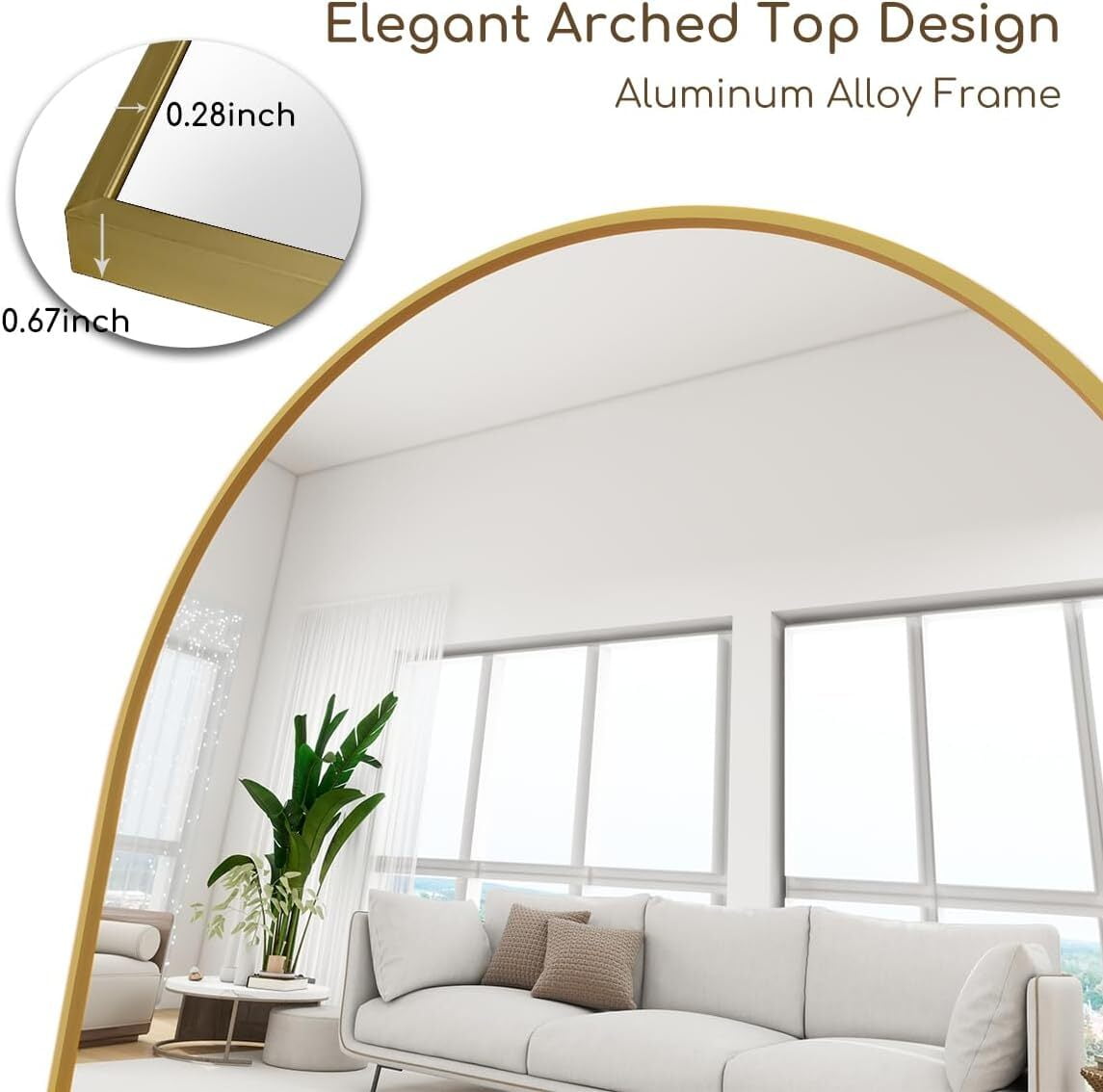 Anyrose 58"x 18.5" Full Length Arch-Top Mirror with Metal Frame Stand Wall-Mounted, Gold