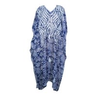 Mogul Women Blue Beautiful Floral Print Maxi Kaftan Dress White Floral Embroidered Batwing Sleeve Loose Dress 4X