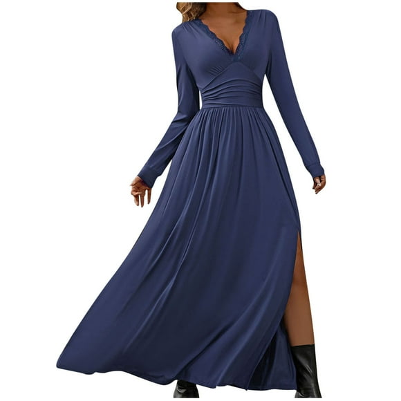 Women's Long Sleeve Spring Tea Length A Line Dress Fashion Workout Holiday Clearance Elegant Casual High Waist V Neck Fall Dress Solid Color Side Split Blue L