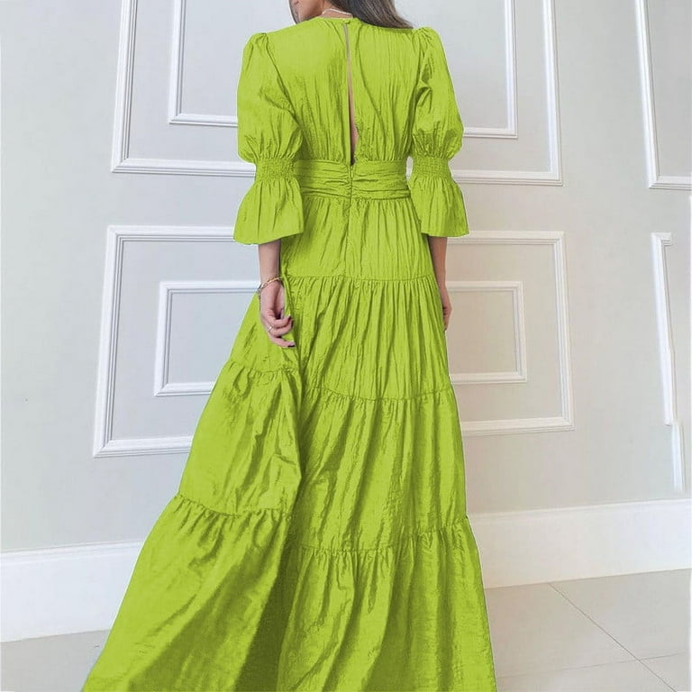 Women's 3/4 Sleeve Dress Puff Sleeve V Neck Empire Waist Pleated Patchwork Layered Flowy Maxi Dress Solid Elegant Dresses(L,Green)