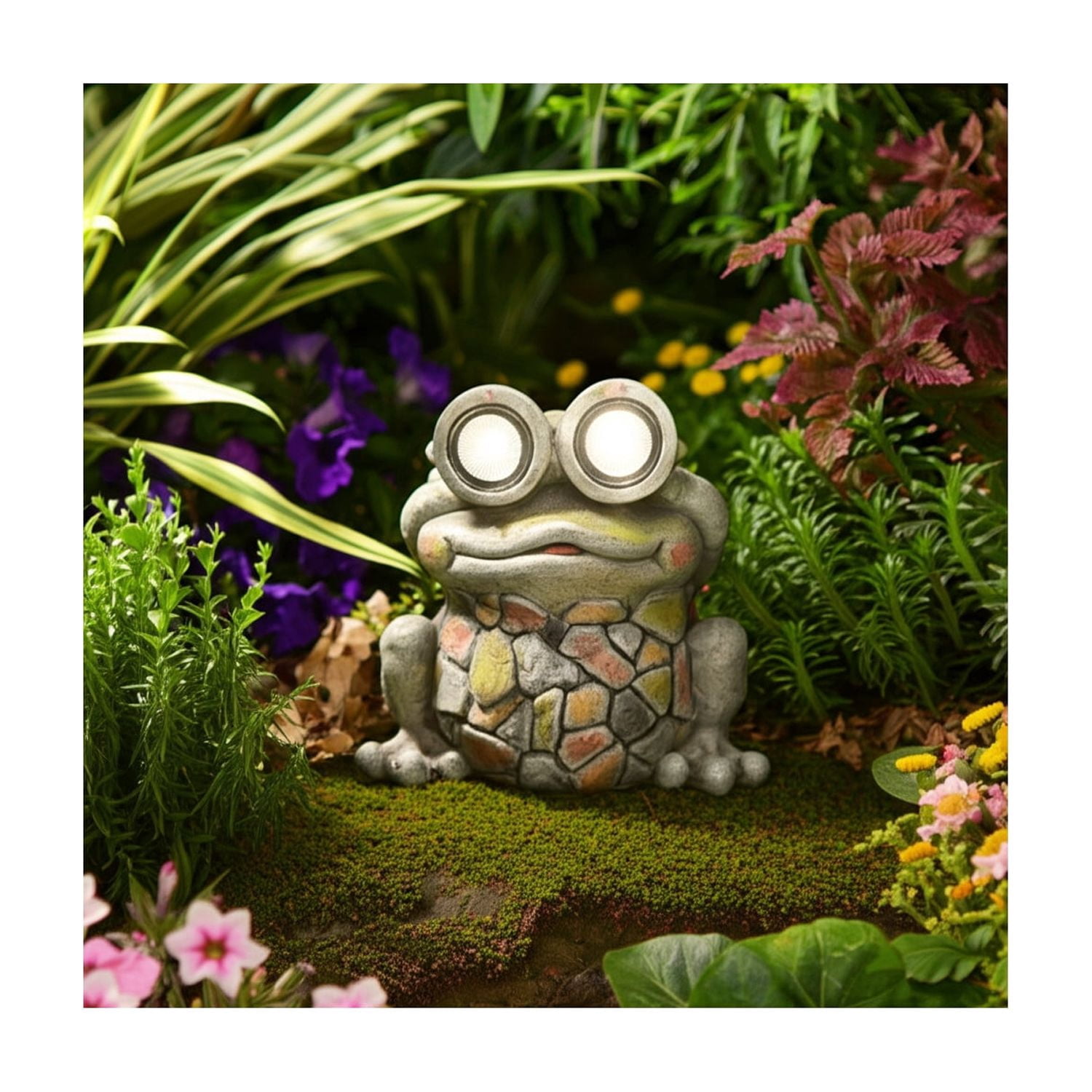 Decorative Frog Statue with Solar Goggles for Garden Decor - Figurine for Front Porch, Patio Accent, and Backyard Decor - Garden Yard Art for Flower Bed or Sunroom - 12", Gray & Yellow