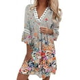 thumbnail image 4 of Women's Boho Floral Printed Lace Dress Loose V Neck 3/4 Sleeve Mini Beach Spring Summer Dresses for Women 2024, 4 of 5