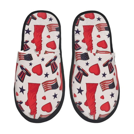 

House Slippers for Women and Men USA Flag Print heart Comfy Fuzzy Bedroom Slippers Furry Home Shoes for Indoor Outdoor