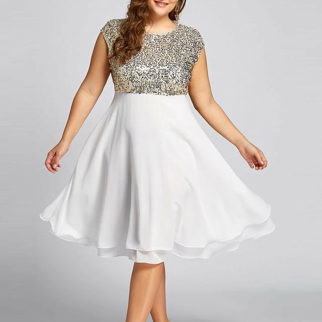 Robe en Mousseline à Paillettes pour Femmes Grande Taille, Col Rond, Unie, Sans Manches, avec Fermeture Éclair