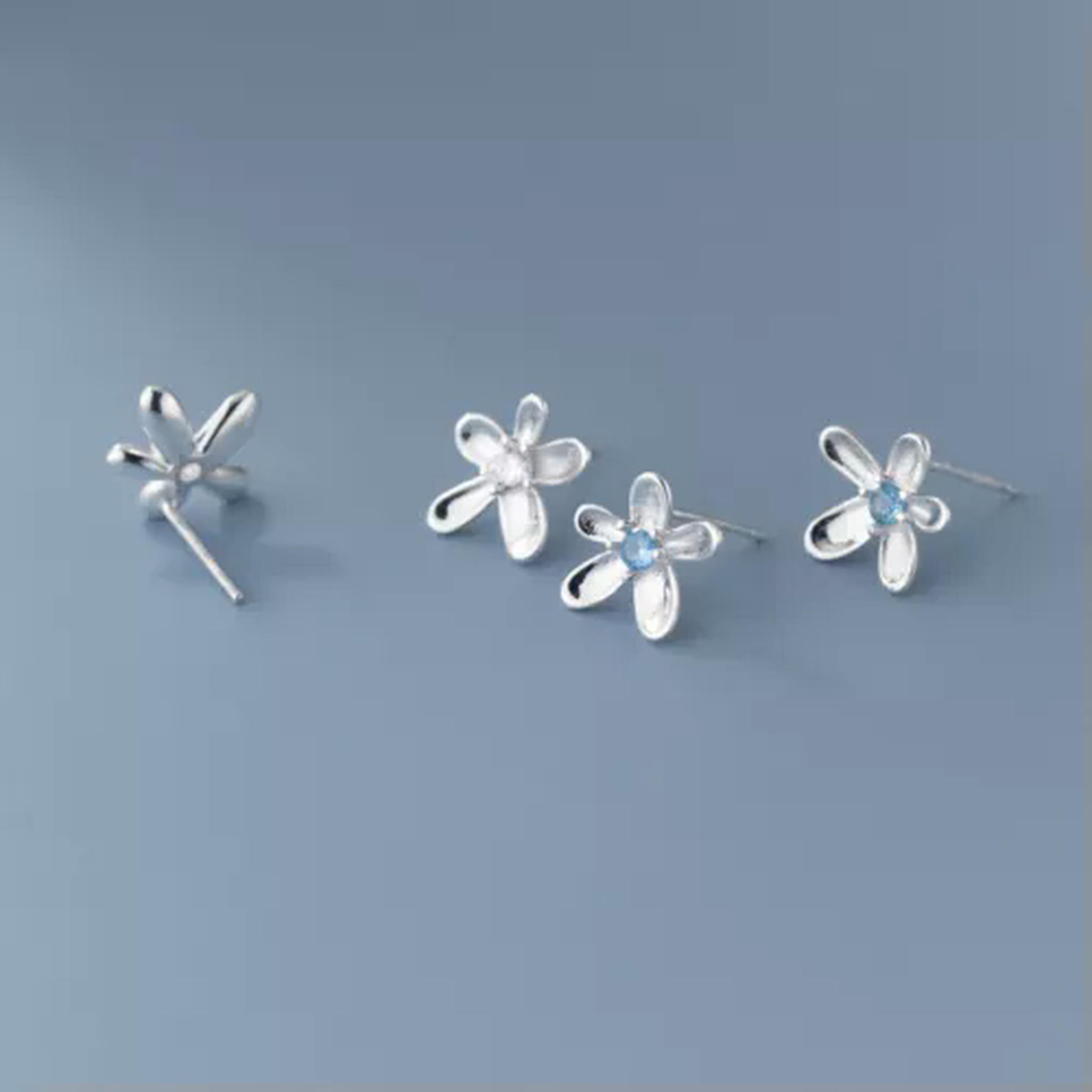 EOEMY 925 Sterling Silver Clear/Blue Flower Stud Earrings Xflowers Studs Garden-Blue